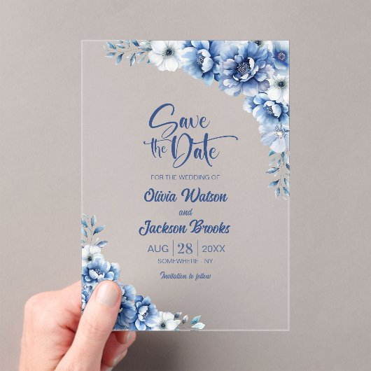 Stijlvolle Blauwe Bloemen Trouwen Save the Date Acryl Uitnodigingen (Insitu (Draagbaar))