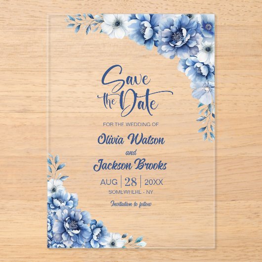 Stijlvolle Blauwe Bloemen Trouwen Save the Date Acryl Uitnodigingen (Voorkant)