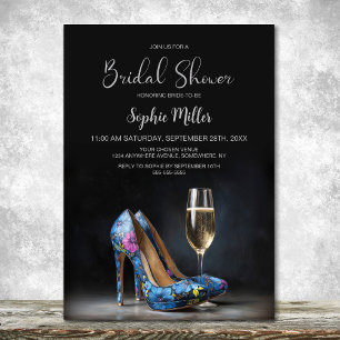 Stijlvolle blauwe bloemige stiletto schoenen bruid kaart