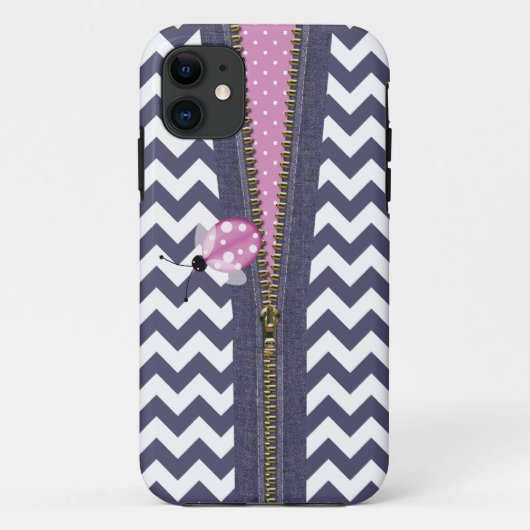 Stijlvolle blauwe Chevron met Zipper & Roze Ladybu Case-Mate iPhone Case (Achterkant)