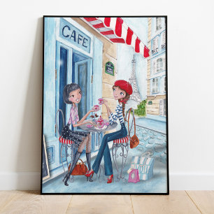 Stijlvolle blauwe en rode thee in Parijs illustrat Poster