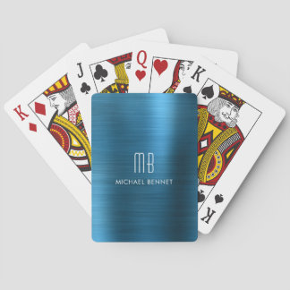 Stijlvolle blauwe geborstelde metalen monogramnaam pokerkaarten