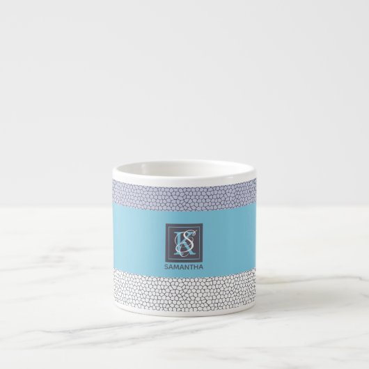 Stijlvolle blauwe kleur witte mozaïekmonogrammen espresso kop (Voorkant)