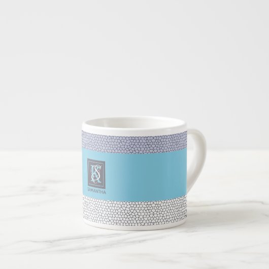 Stijlvolle blauwe kleur witte mozaïekmonogrammen espresso kop (Voorkant rechts)