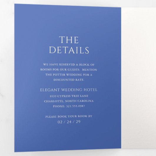 Stijlvolle blauwe moderne bruiloft drieluik uitnodiging (Binnenzijde eerst)