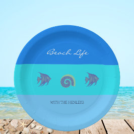 Stijlvolle blauwe strepen Fish Shells Beach House Papieren Bordje
