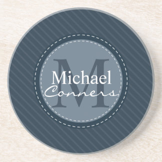 Stijlvolle blauwe strepen met monogram zandsteen onderzetter