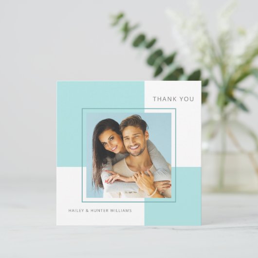 Stijlvolle Blauwe Vierkante bruiloft Dank u met Fo Bedankkaart (Staand voorkant)