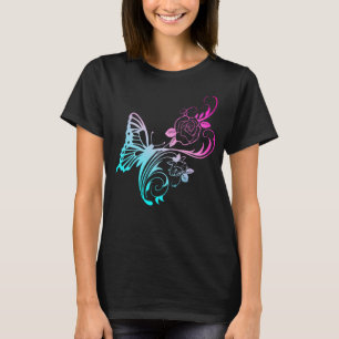 Stijlvolle blauwe vlinder en roze druppelaar T-Shi T-shirt