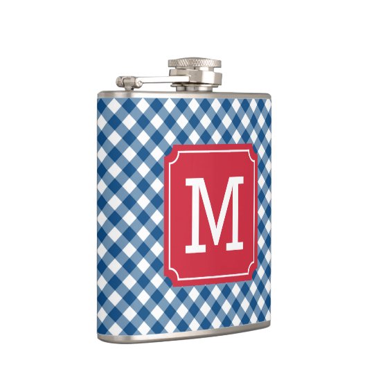 Stijlvolle blauwgingham-monogram personaliseren heupfles (Rechts)