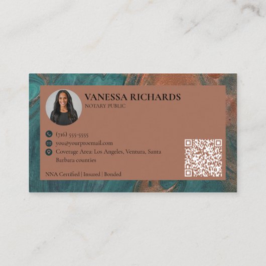 Stijlvolle Blauwgroen & Copper Swirl QR Code Foton Visitekaartje (Achterkant)