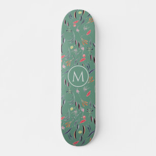 Stijlvolle Blauwgroen Floral Waterverf MONOGRAM Skateboard