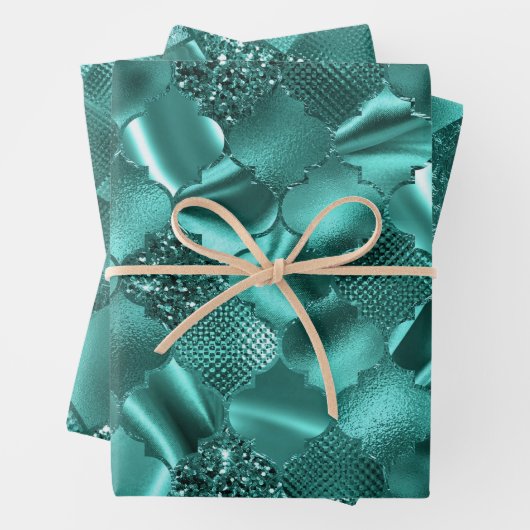 Stijlvolle Blauwgroen Glitter Diamond Folie Patron Inpakpapier Vel (In situ)