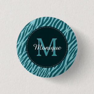 Stijlvolle Blauwgroen zebraafdrukken met monogram Ronde Button 3,2 Cm