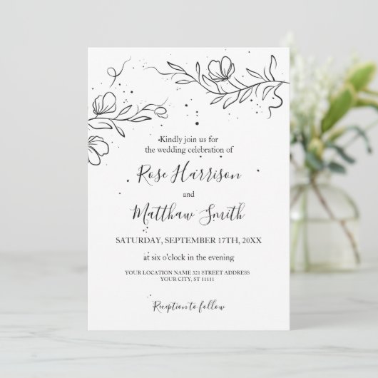 Stijlvolle bloeitak en druppels inktweddenschap kaart (Staand voorkant)