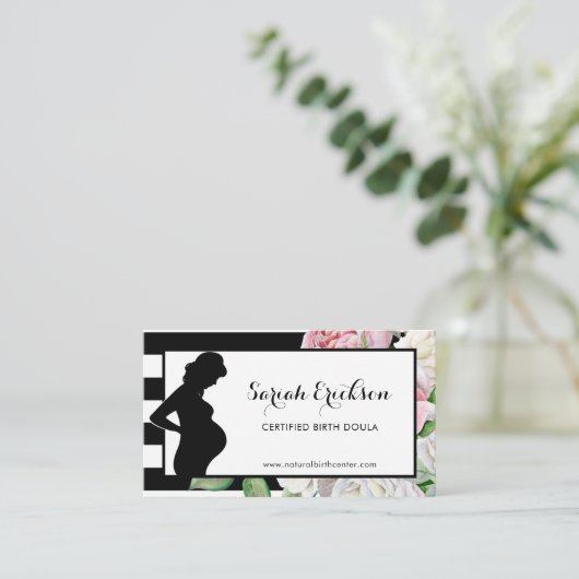 Stijlvolle bloemen en strepen Moederschap Geboorte Visitekaartje (Staand voorkant)