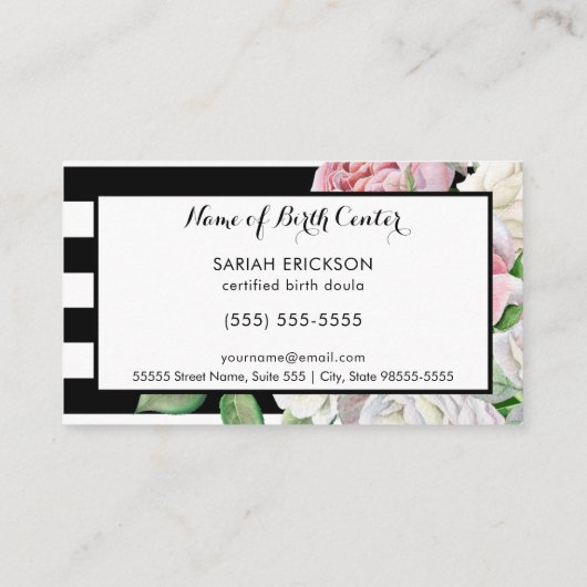 Stijlvolle bloemen en strepen Moederschap Geboorte Visitekaartje (Achterkant)