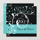 Stijlvolle bloemen scrollwork zwart, aqua bruiloft kaart (Voorkant / Achterkant)