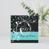 Stijlvolle bloemen scrollwork zwart, aqua bruiloft kaart (Staand voorkant)