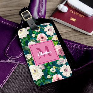 Stijlvolle bloemenroze bloemen groen monogram patr bagagelabel