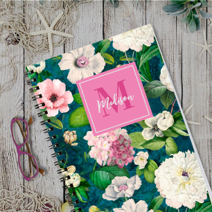 Stijlvolle bloemenroze bloemen groen monogram patr notitieboek