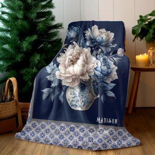 Stijlvolle bloemenvase Blauwe chinoiserie monogram Fleece Deken