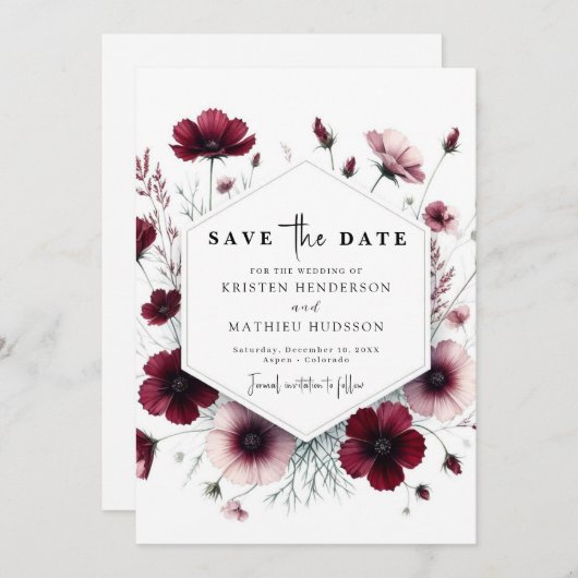 Stijlvolle Bloemige Wijnrode Trouwdag Save The Date (Voorkant / Achterkant)