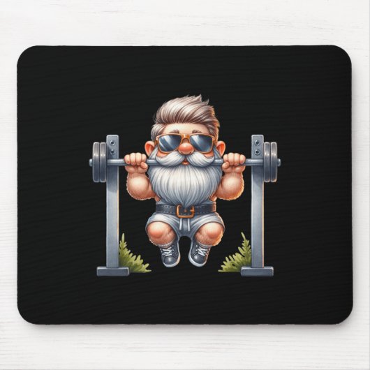 Stijlvolle body building gnoom doet pull-ups op ee muismat (Voorkant)