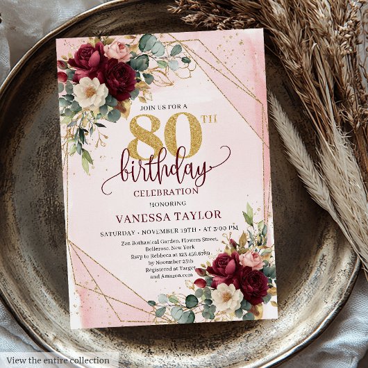 Stijlvolle boho bordeauxrode gouden rozen 80ste ve kaart
