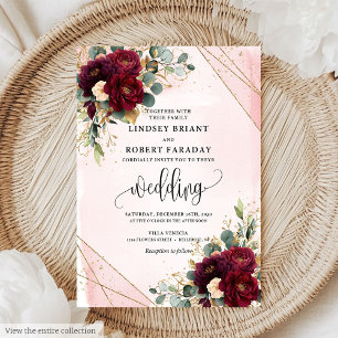 Stijlvolle Boho Marsala Gold Blush Flowers Wedding Kaart