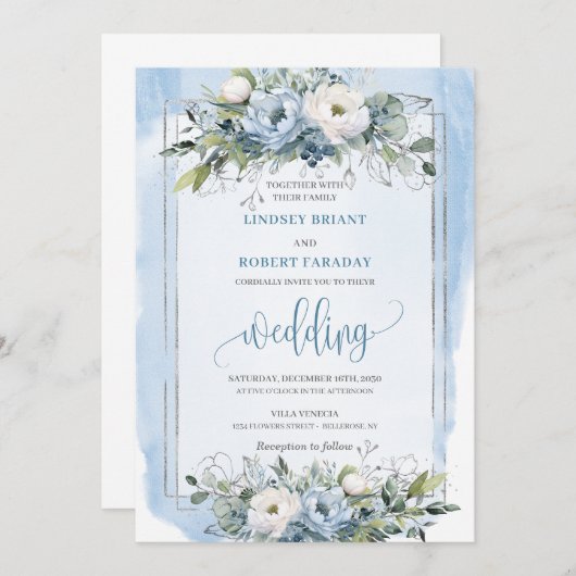 Stijlvolle Boho Pastel Blauw Zilveren Pioenenbruil Kaart (Voorkant / Achterkant)