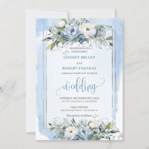 Stijlvolle Boho Pastel Blauw Zilveren Pioenenbruil Kaart