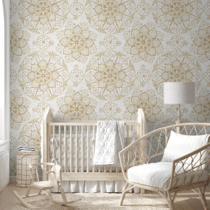 Stijlvolle Boho White Gold Mandala Floral Behang