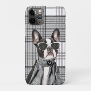 Stijlvolle Boston Terrier-hond en geruite monogram iPhone 11 Pro Hoesje