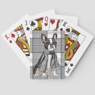 Stijlvolle Boston Terrier-hond en geruite monogram Pokerkaarten