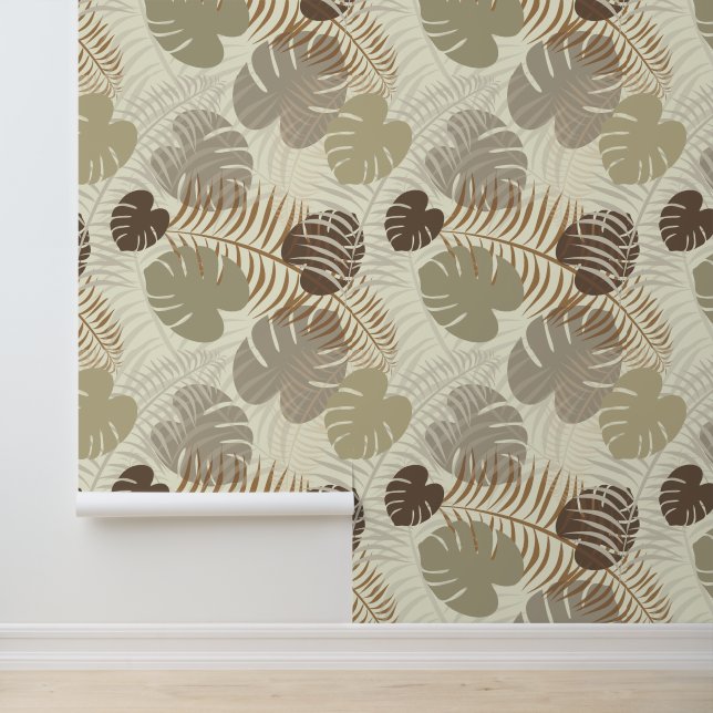 Stijlvolle botanische blad patroon bruin, beige behang (Applicatie)