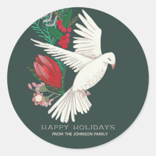 Stijlvolle botanische groene & rode duif Kerstmis Ronde Sticker