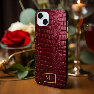 Stijlvolle Bourgogne Krokodil Leder Look Monogram iPhone 15 Mini Hoesje