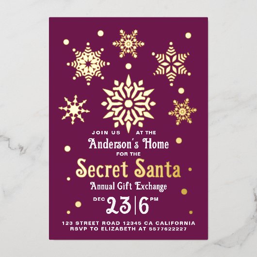 Stijlvolle Bourgondische Secret Santa Snowflake ui Folie Feestdagenkaart (Voorkant)