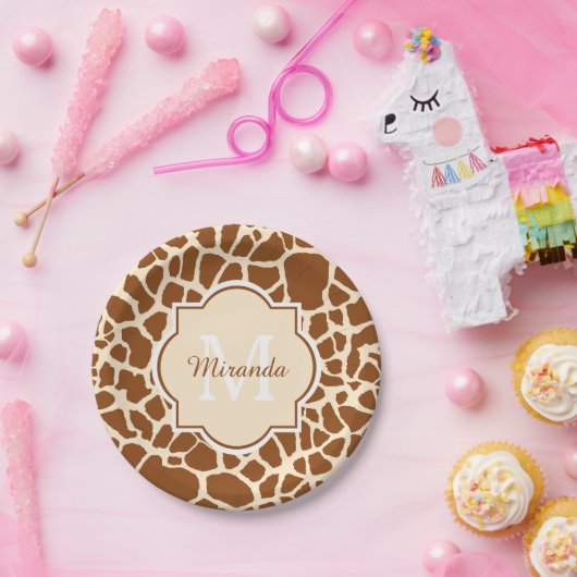 Stijlvolle bruine Giraffe Afdrukmonogram en naam Papieren Bordje (Feest)