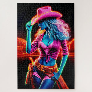 Stijlvolle bruisende cowgirl met retro neonverlich legpuzzel