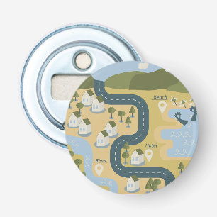 Stijlvolle cartoon landschapsvakantiereiskaart button flesopener