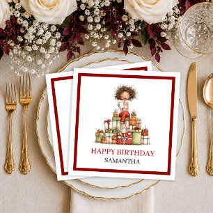 Stijlvolle Cartoon Vrouw Burgundy Script Verjaarda Servet
