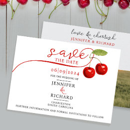 Stijlvolle  Cherry Red White Wedding Photo Typo Save The Date