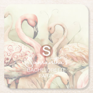 Stijlvolle Chic Flamingo Monogram Gepersonaliseerd Vierkante Kartonnen Onderzetter