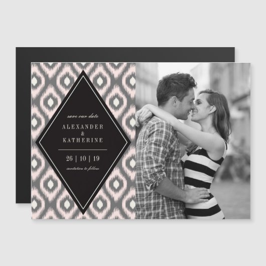 Stijlvolle Chic Mod Diamond Ikat Foto slaat de dat Magnetische Uitnodiging (Voorkant / Achterkant)