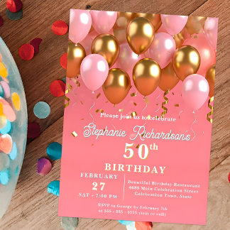 Stijlvolle Chic roze en gouden ballonnen 50e verja Kaart