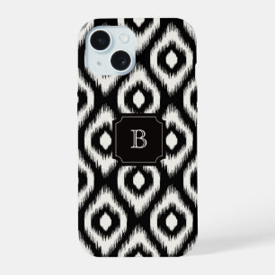 Stijlvolle Chic Zwart Ivoor Diamant Ikat Monogram iPhone 15 Hoesje
