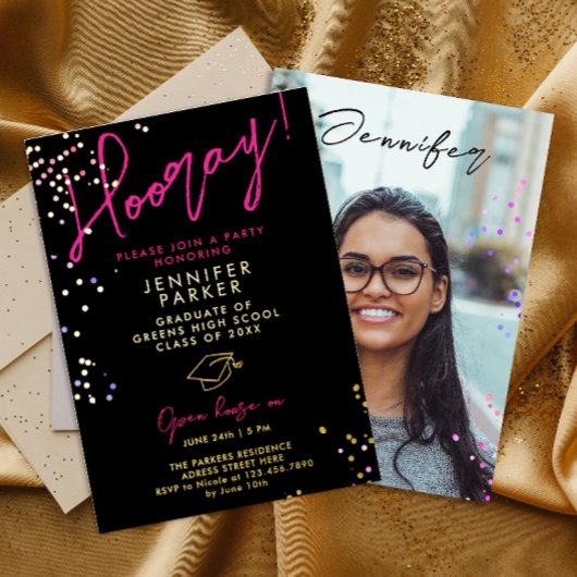 Stijlvolle Chic Zwart Roze Glitter School Afstudee Folie Uitnodiging