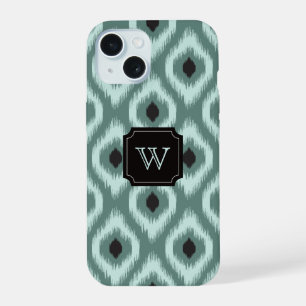 Stijlvolle Chic Zwarte Mint Diamant Ikat Monogram iPhone 15 Hoesje